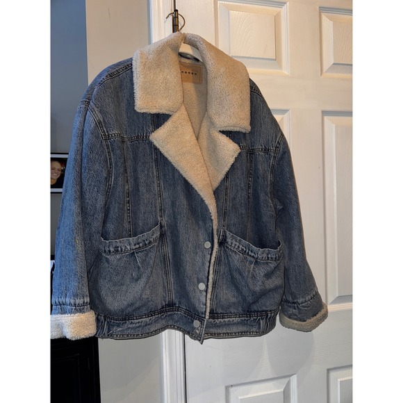 Blank NYC Denim Jacket Sherpa Collar Lined Oversized Moto Coat Medium‎ - Picture 4 of 10